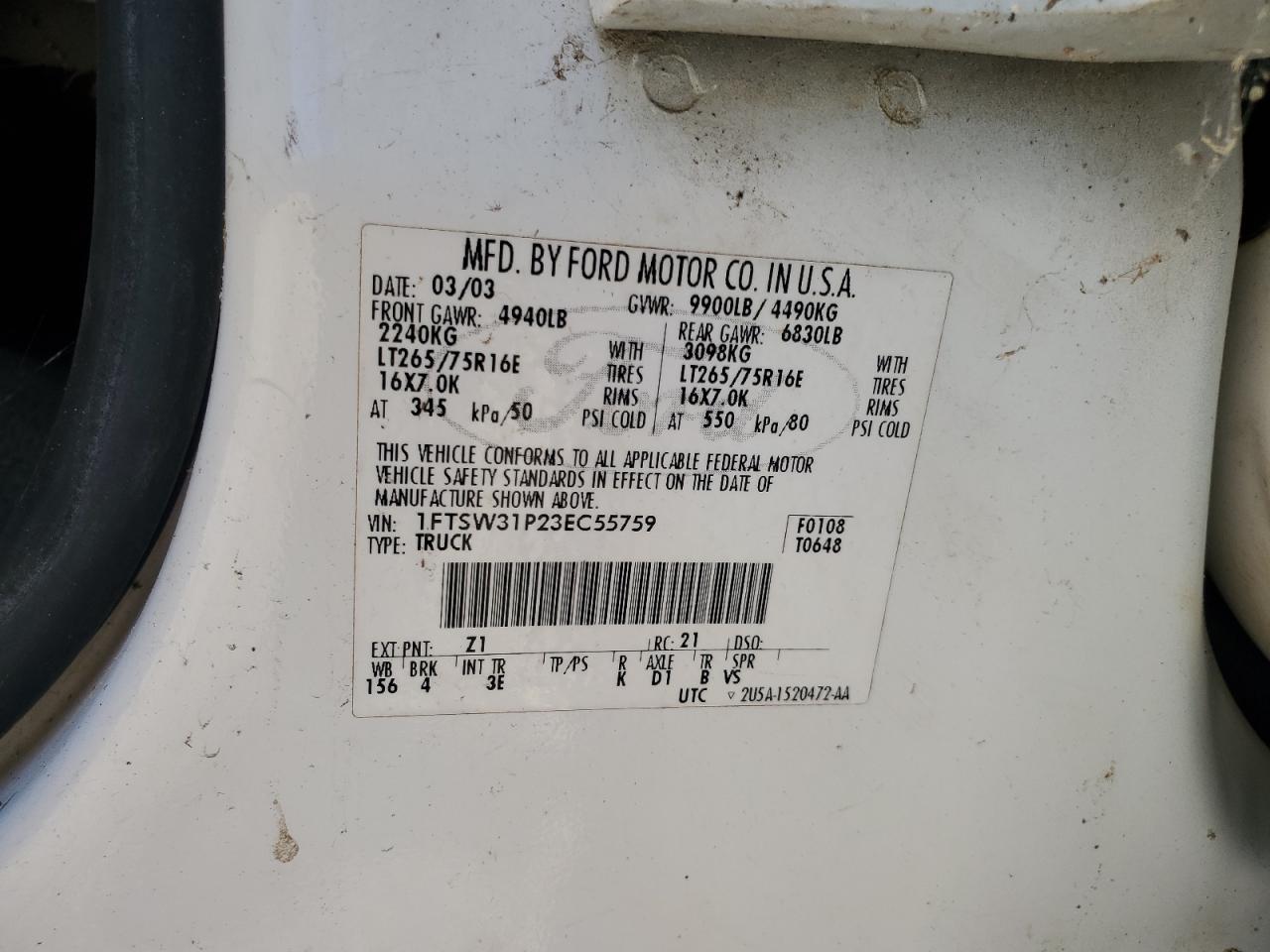 2003 Ford F350 Srw Super Duty VIN: 1FTSW31P23EC55759 Lot: 92807425