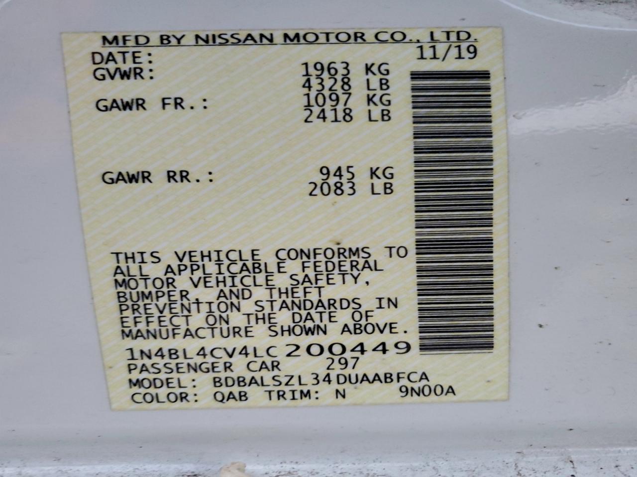 2020 Nissan Altima Sr VIN: 1N4BL4CV4LC200449 Lot: 94342485