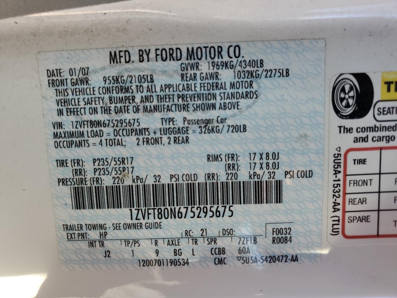 2007 Ford Mustang VIN: 1ZVFT80N675295675 Lot: 91176335
