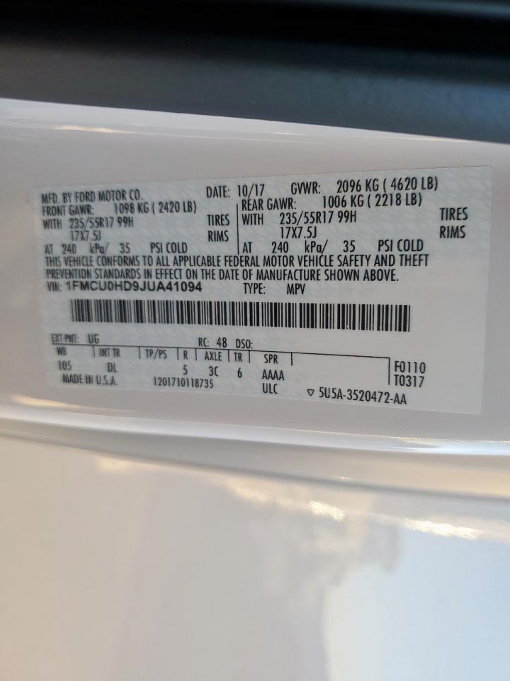 2018 Ford Escape Sel VIN: 1FMCU0HD9JUA41094 Lot: 91035645