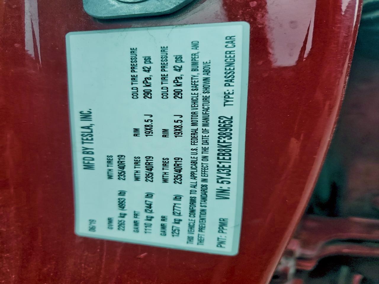 2019 Tesla Model 3 VIN: 5YJ3E1EB8KF389652 Lot: 94089195