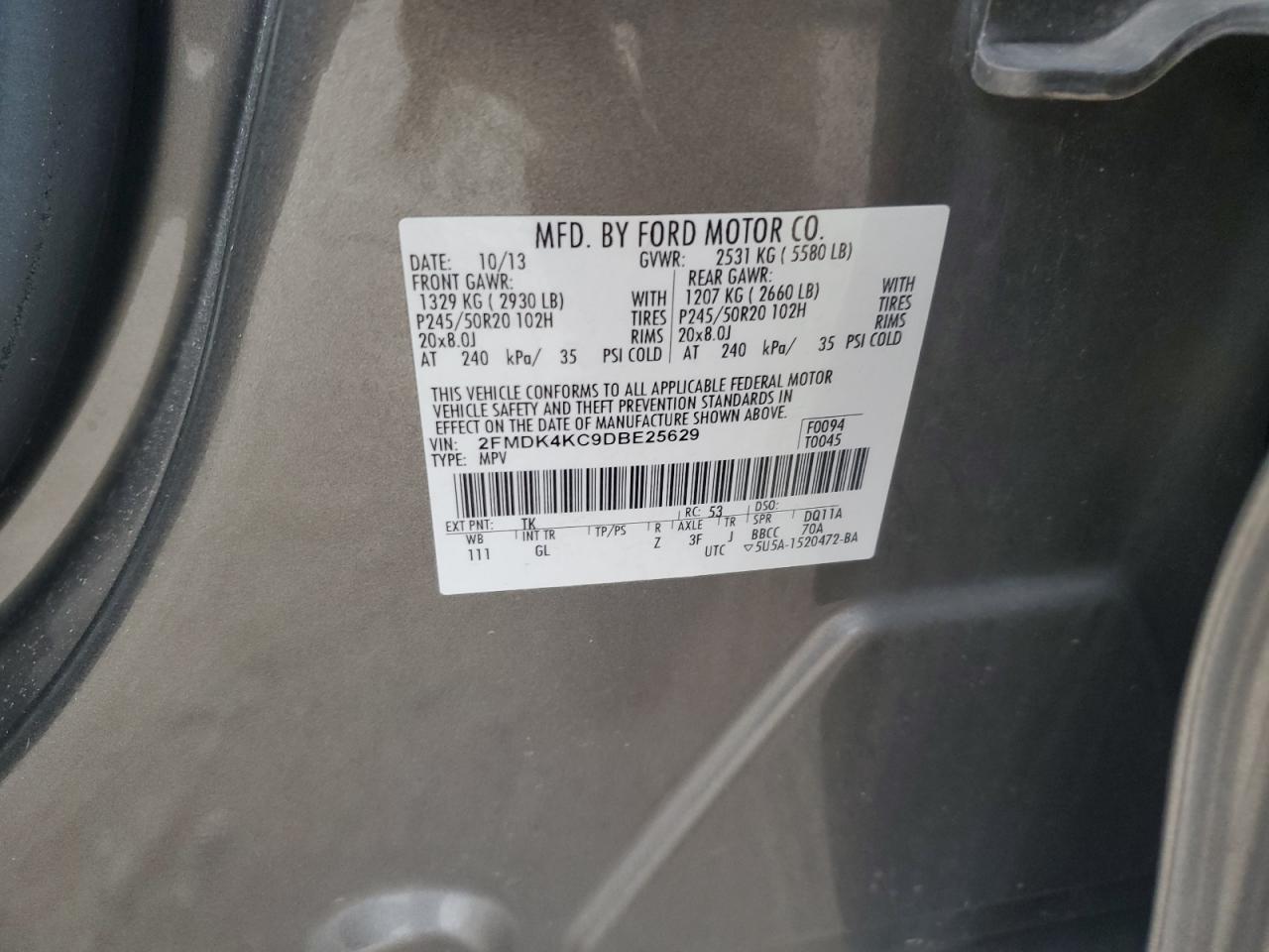 2013 Ford Edge Limited VIN: 2FMDK4KC9DBE25629 Lot: 92802425