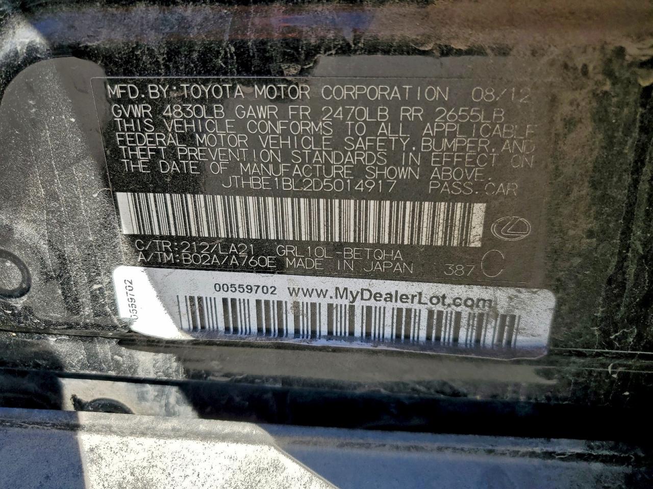 2013 Lexus Gs 350 VIN: JTHBE1BL2D5014917 Lot: 91622225