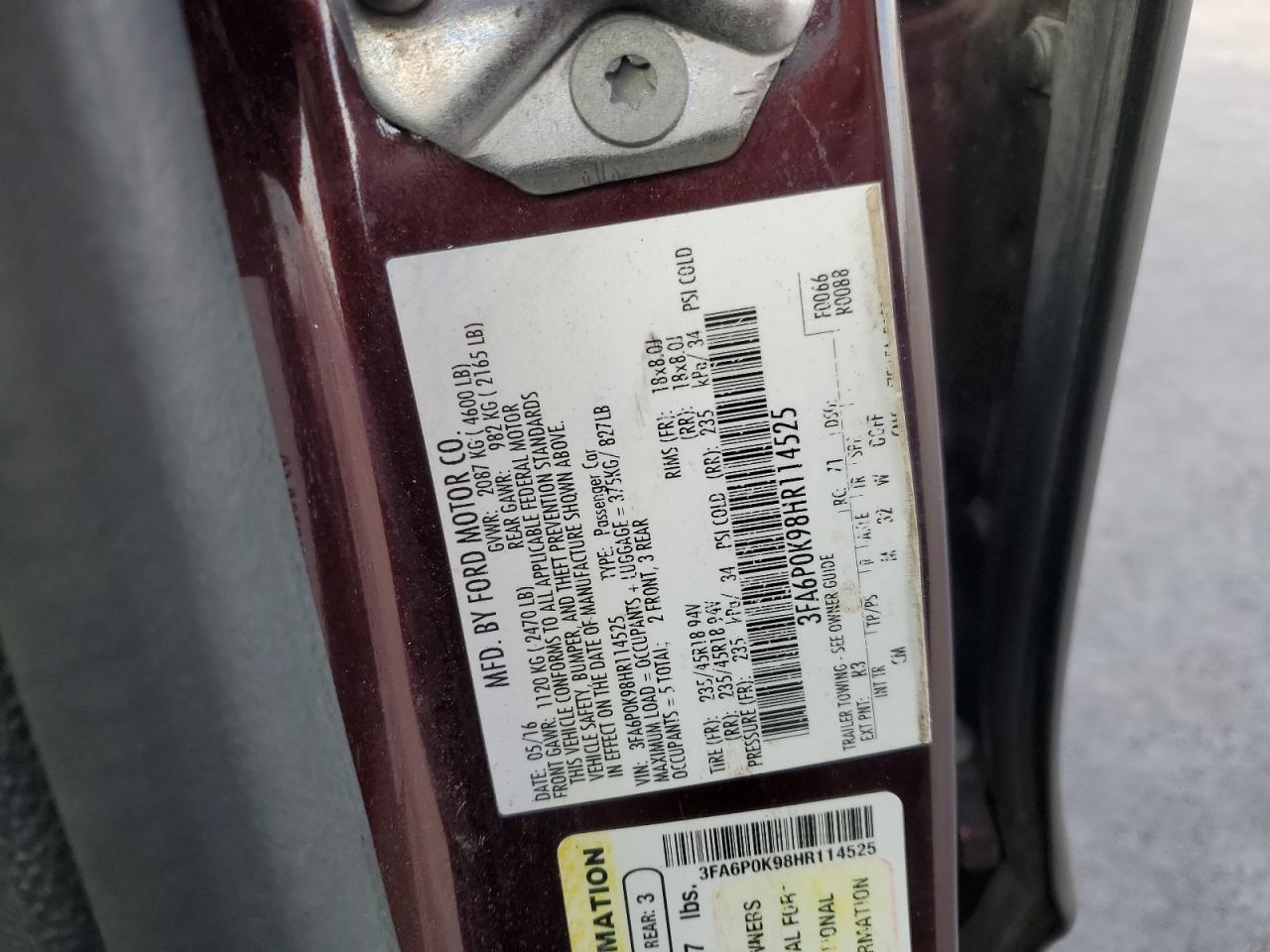 2017 Ford Fusion Titanium VIN: 3FA6P0K98HR114525 Lot: 90748325