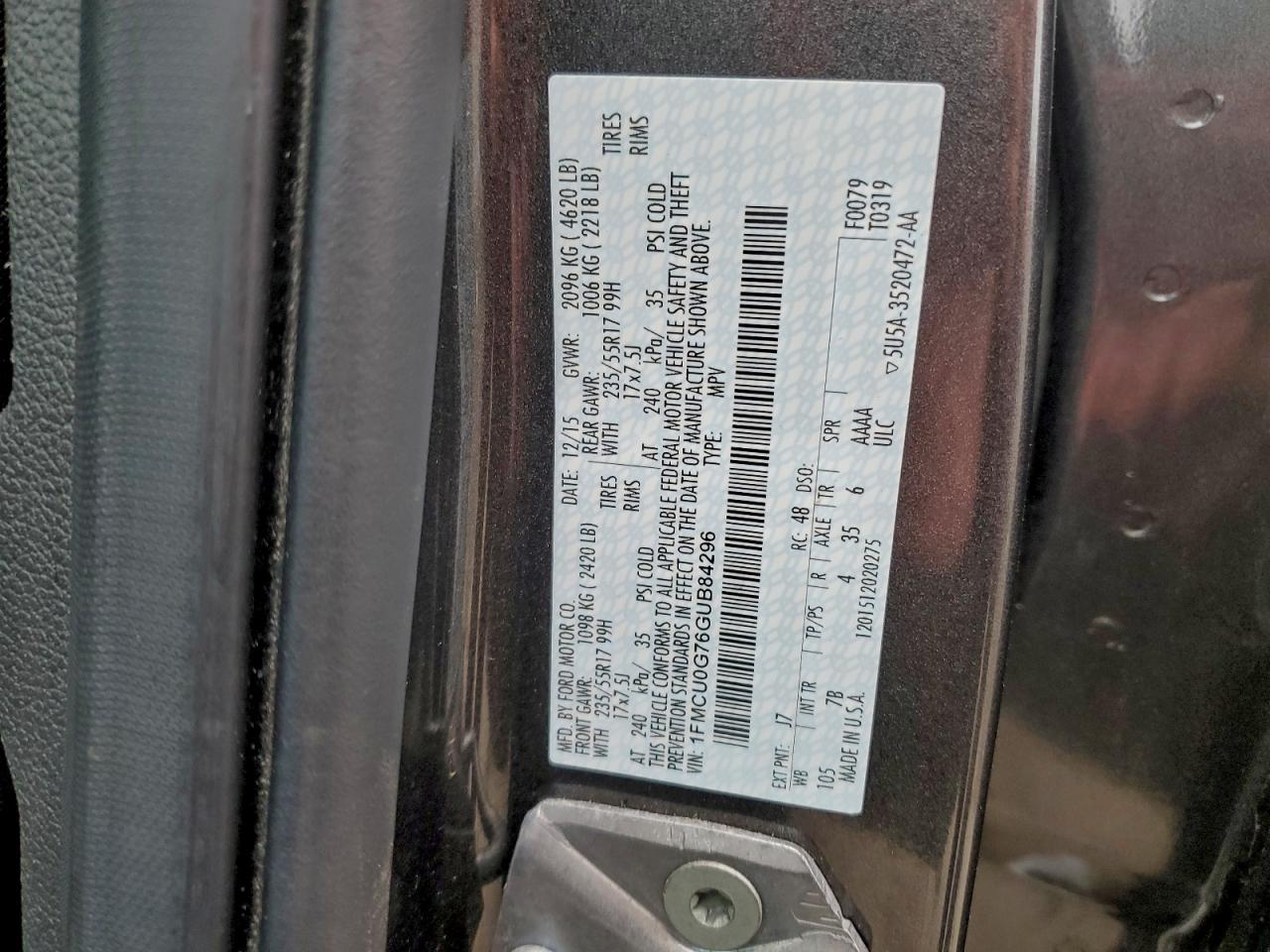 2016 Ford Escape Se VIN: 1FMCU0G76GUB84296 Lot: 94352245