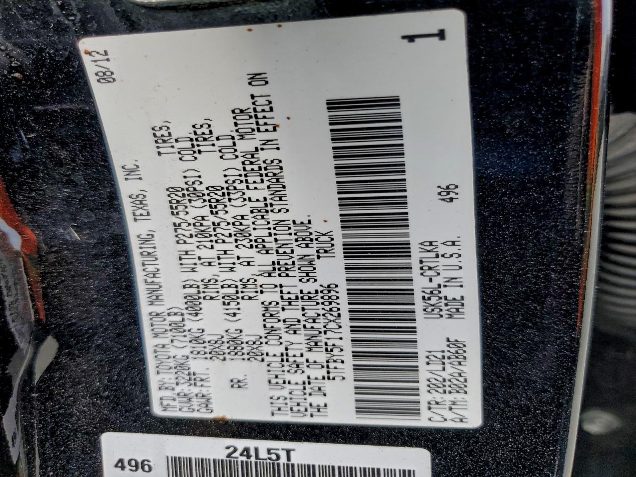 2012 Toyota Tundra Double Cab Limited VIN: 5TFBY5F17CX269896 Lot: 93918015