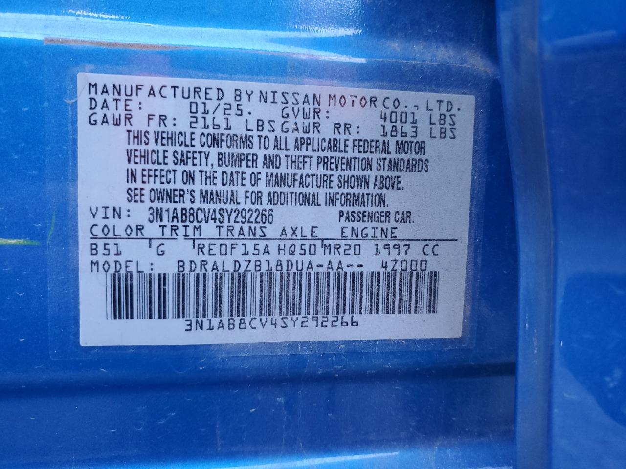 2025 Nissan Sentra Sv VIN: 3N1AB8CV4SY292266 Lot: 92682535