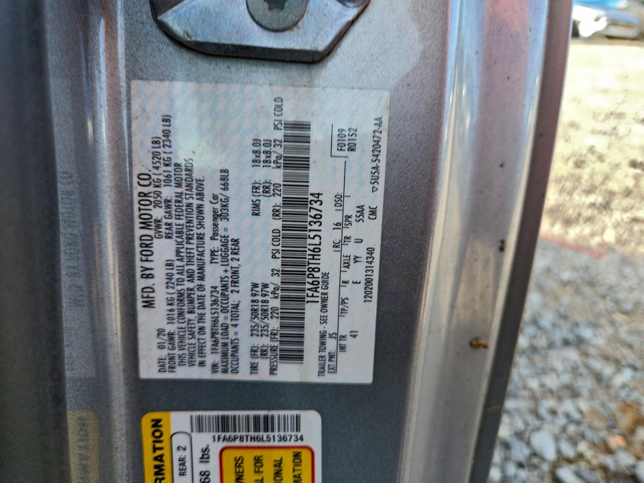 2020 Ford Mustang VIN: 1FA6P8TH6L5136734 Lot: 93898645