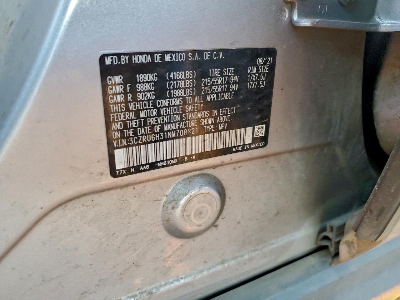 2022 Honda Hr-V Lx VIN: 3CZRU6H31NM708821 Lot: 94032345