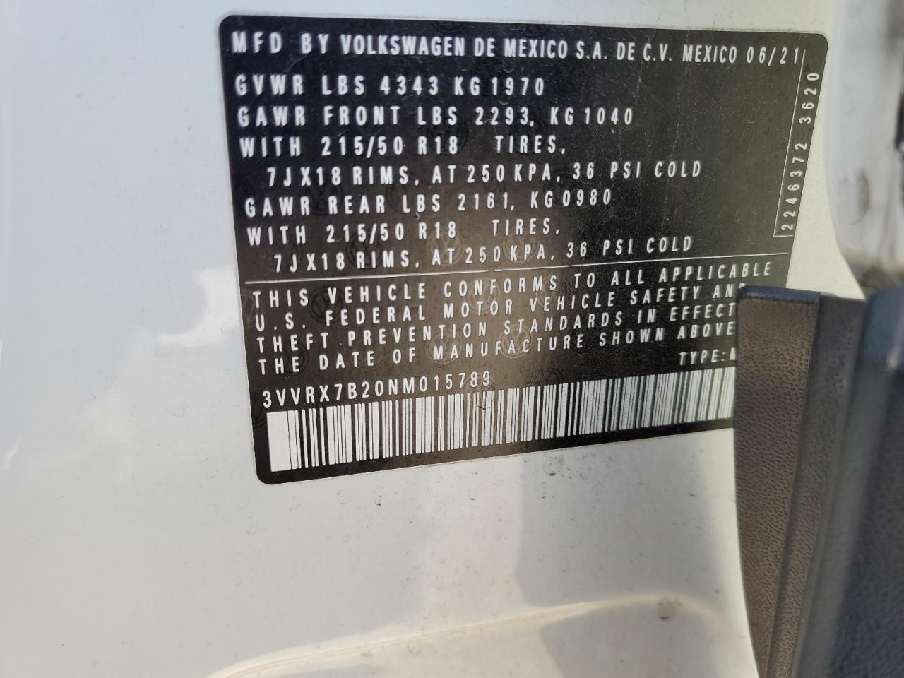 2022 Volkswagen Taos Se VIN: 3VVRX7B20NM015789 Lot: 92077995