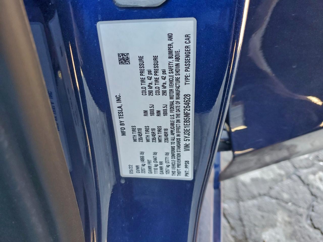 2022 Tesla Model 3 VIN: 5YJ3E1EB5NF264628 Lot: 94321065