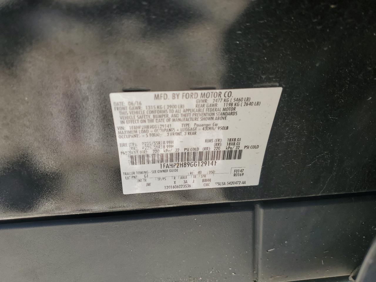 2016 Ford Taurus Sel VIN: 1FAHP2H89GG129141 Lot: 90801275