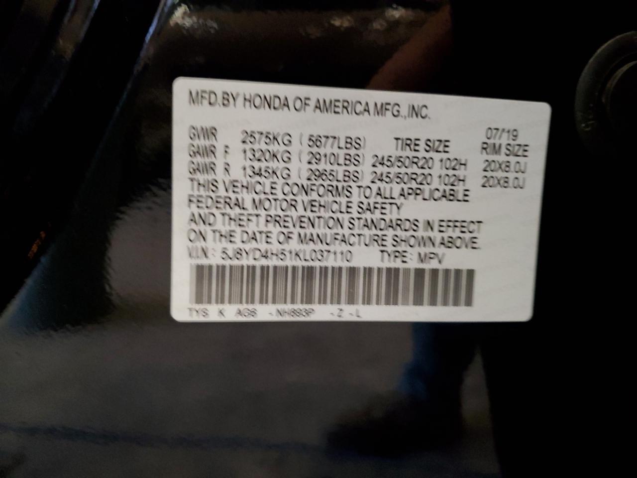 2019 Acura Mdx Technology VIN: 5J8YD4H51KL037110 Lot: 93285715