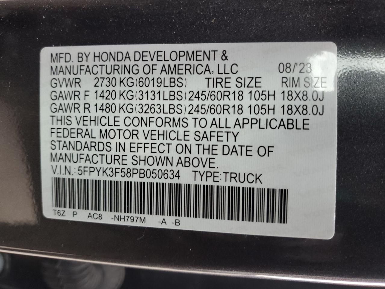 2023 Honda Ridgeline Rtl VIN: 5FPYK3F58PB050634 Lot: 92636425