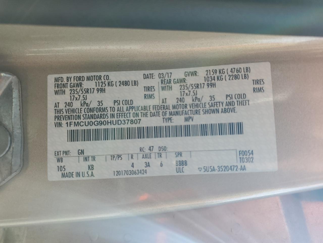 2017 Ford Escape Se VIN: 1FMCU0G90HUD37807 Lot: 91217425