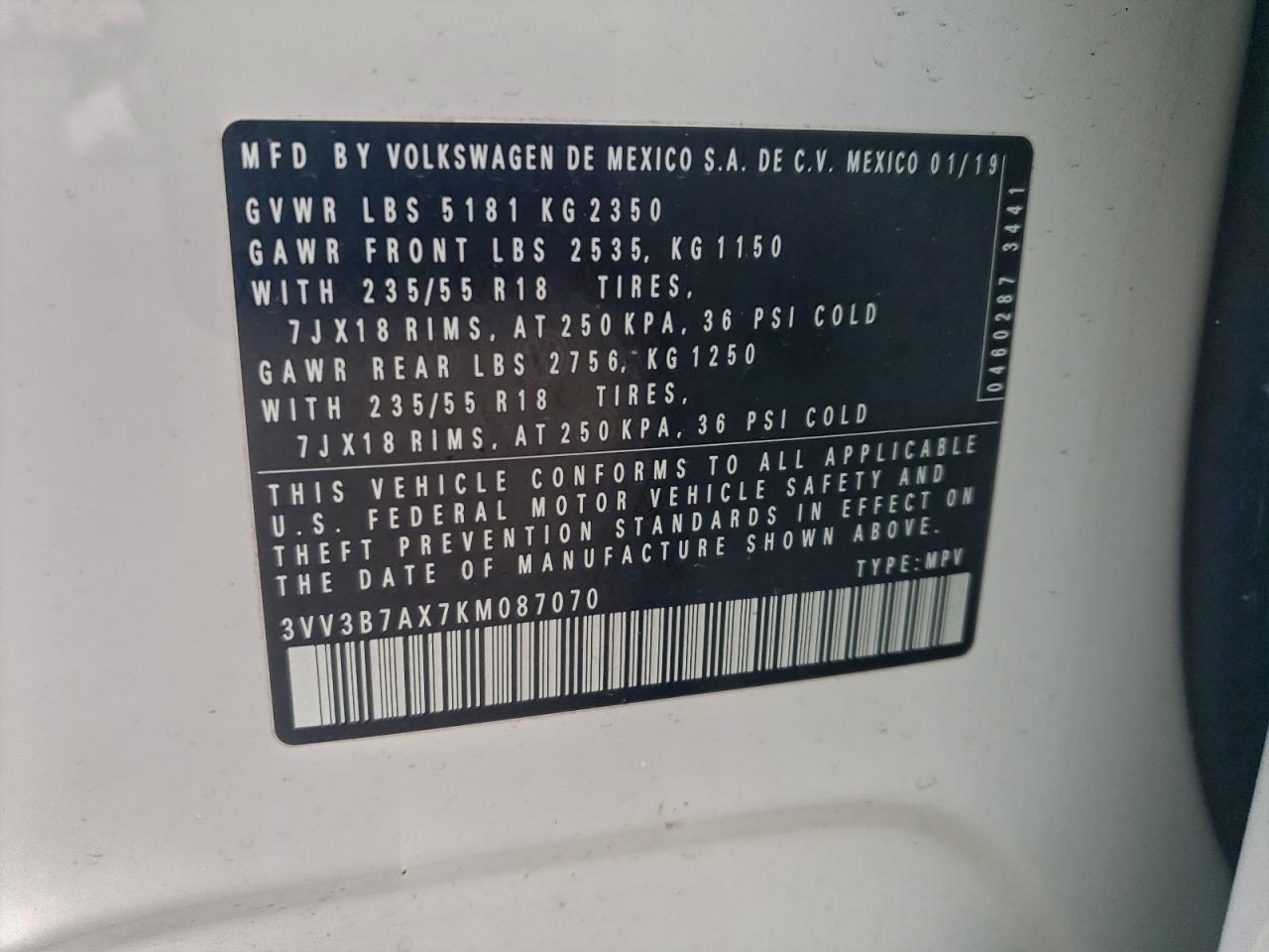 2019 Volkswagen Tiguan Se VIN: 3VV3B7AX7KM087070 Lot: 93825005