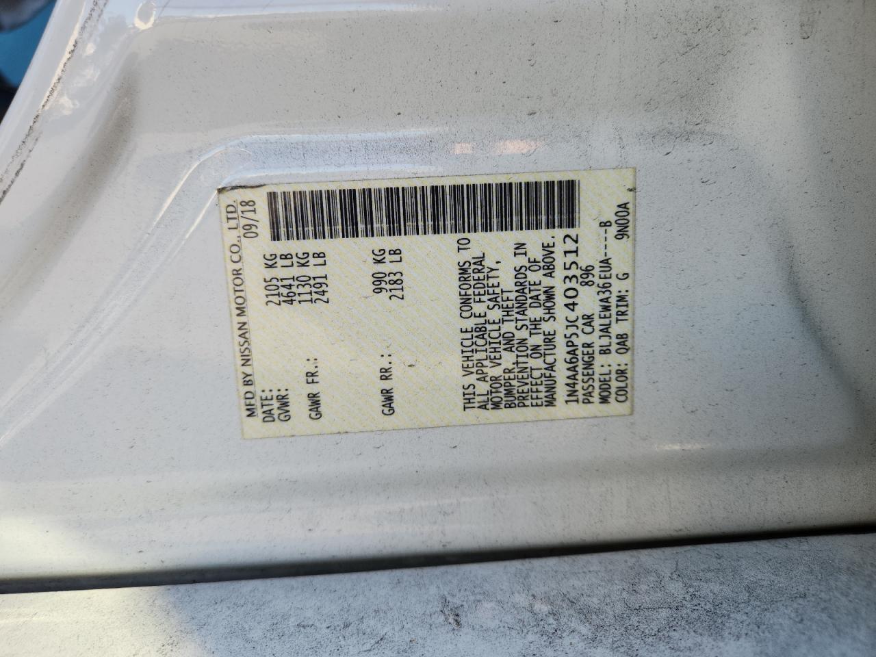 2018 Nissan Maxima 3.5S VIN: 1N4AA6AP5JC403512 Lot: 92846645