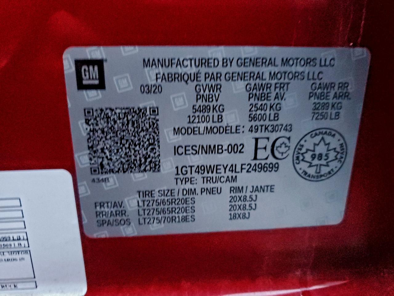 2020 GMC Sierra K3500 Denali VIN: 1GT49WEY4LF249699 Lot: 93746455