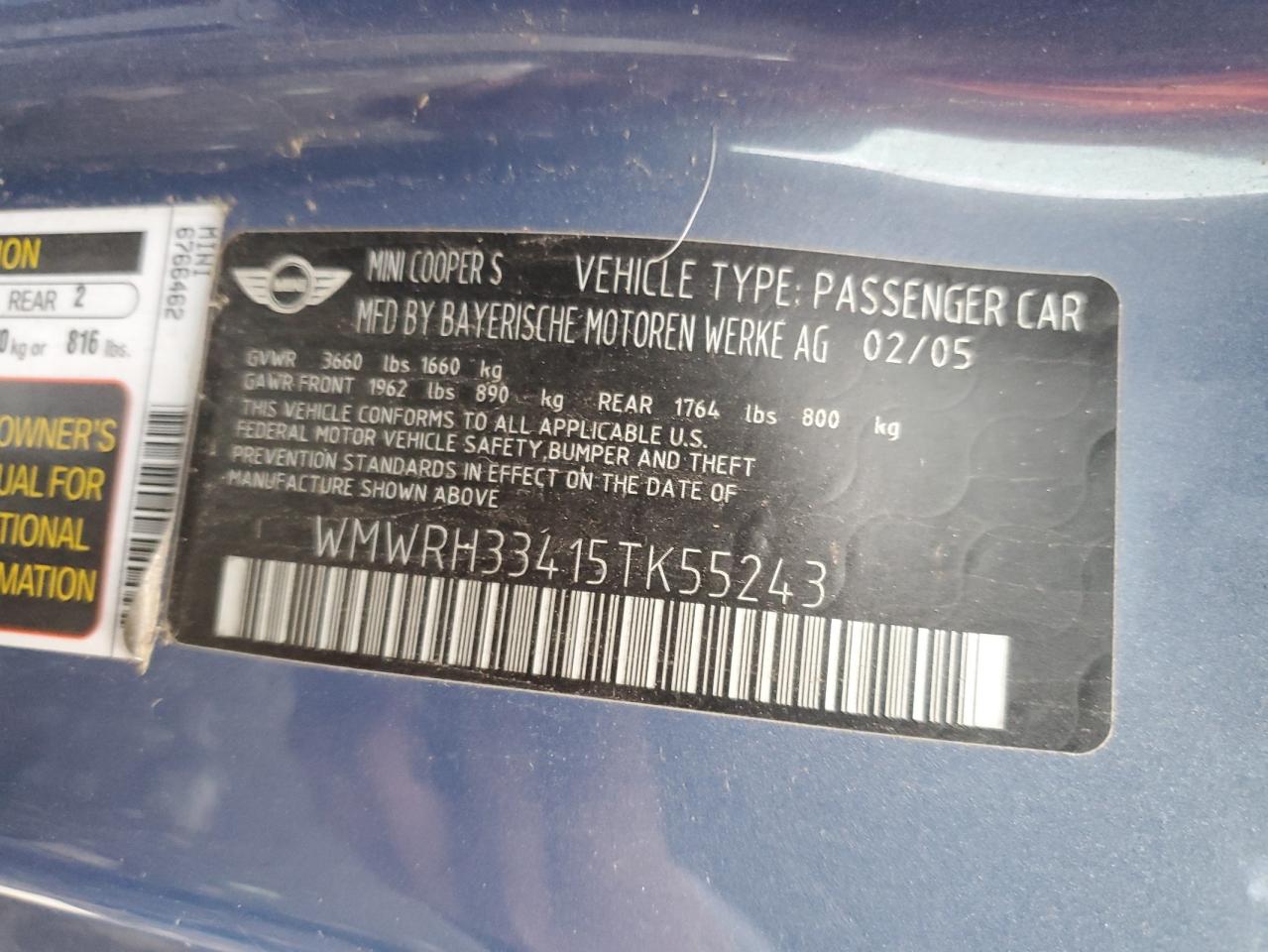 2005 Mini Cooper S VIN: WMWRH33415TK55243 Lot: 93570225