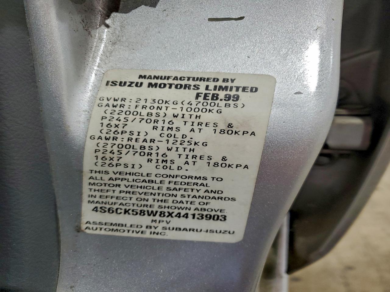 1999 Honda Passport Ex VIN: 4S6CK58W8X4413903 Lot: 93675695