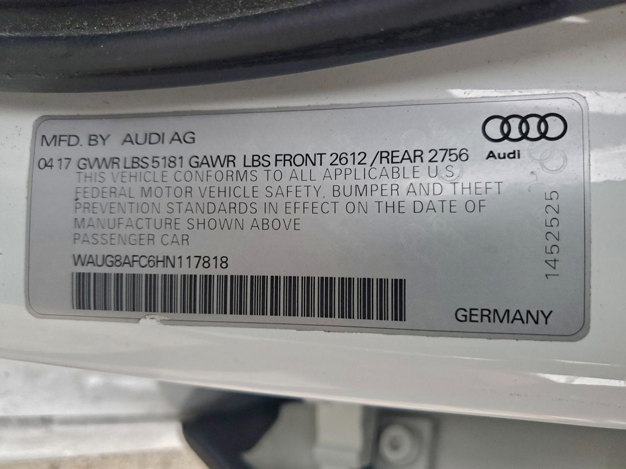 2017 Audi A6 Premium Plus VIN: WAUG8AFC6HN117818 Lot: 93346115