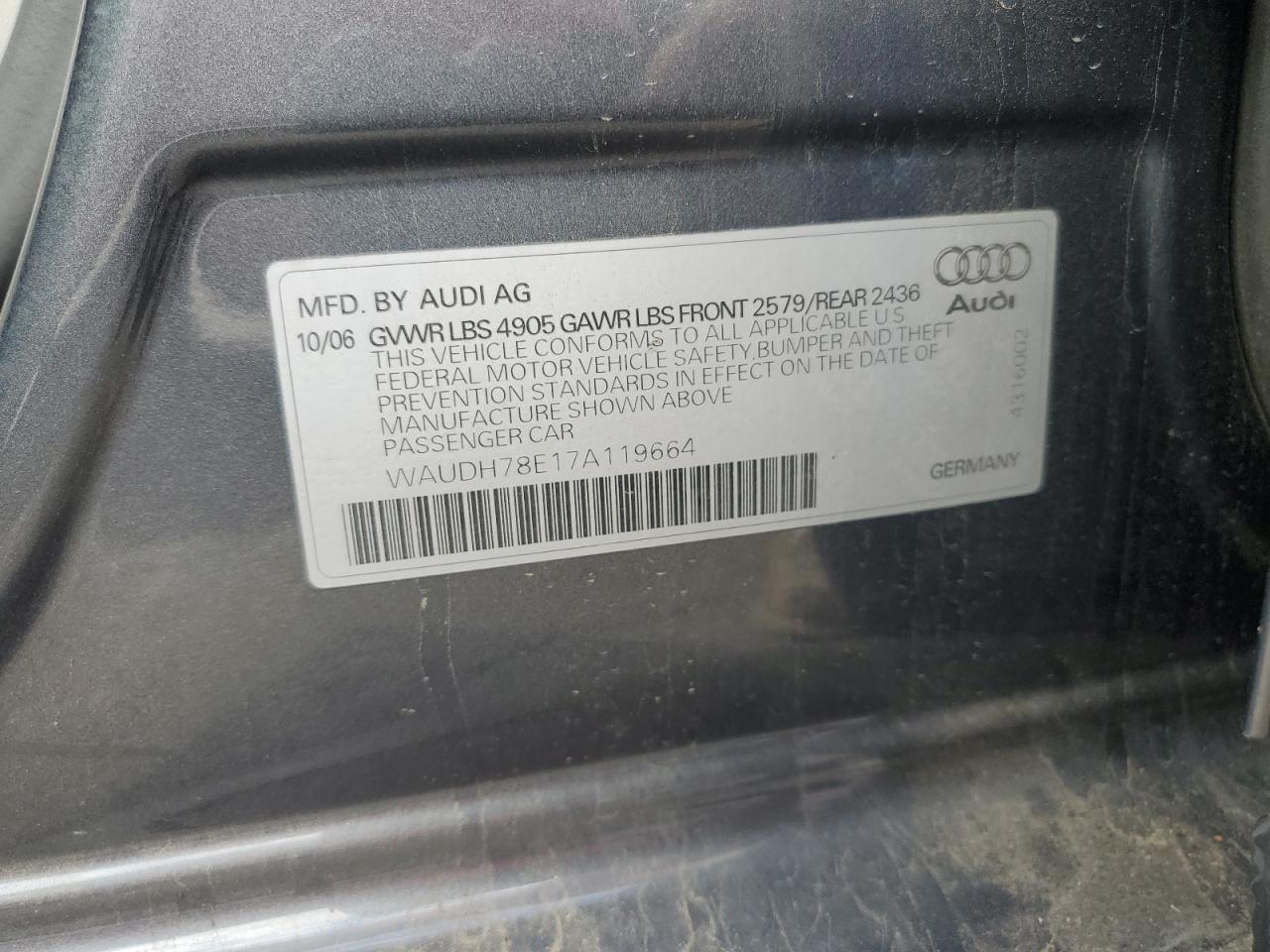 2007 Audi A4 3.2 Quattro VIN: WAUDH78E17A119664 Lot: 92660175