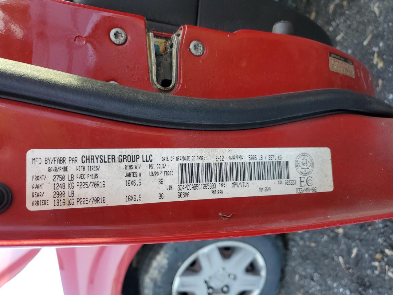 2012 Dodge Journey Se VIN: 3C4PDCAB5CT265993 Lot: 93686495