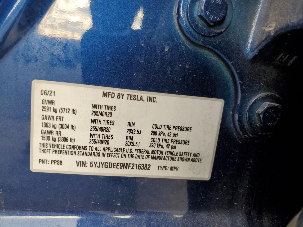 2021 Tesla Model Y VIN: 5YJYGDEE9MF216382 Lot: 92421905