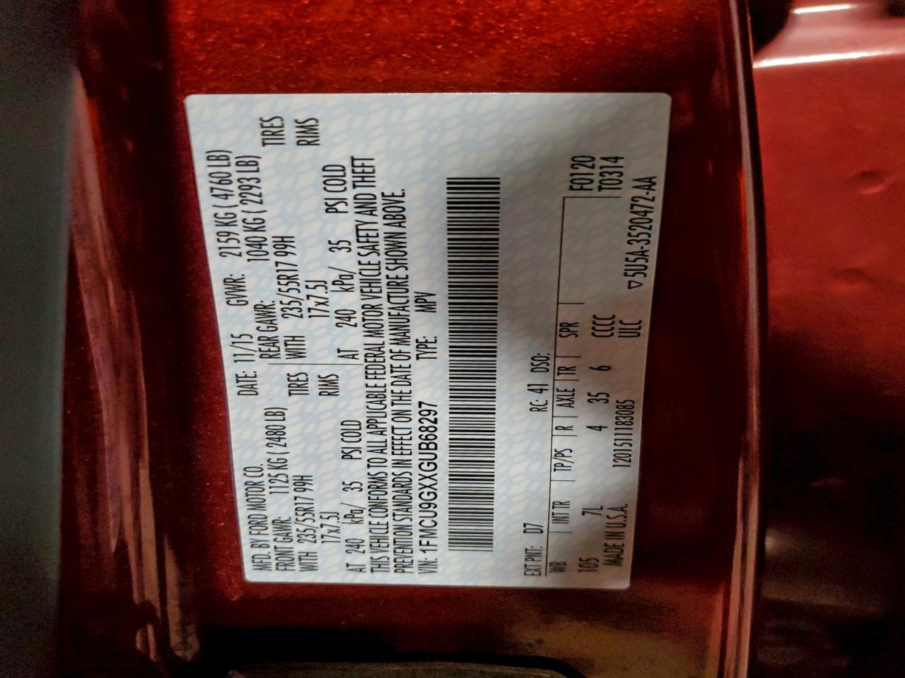 2016 Ford Escape Se VIN: 1FMCU9GXXGUB68297 Lot: 93446055