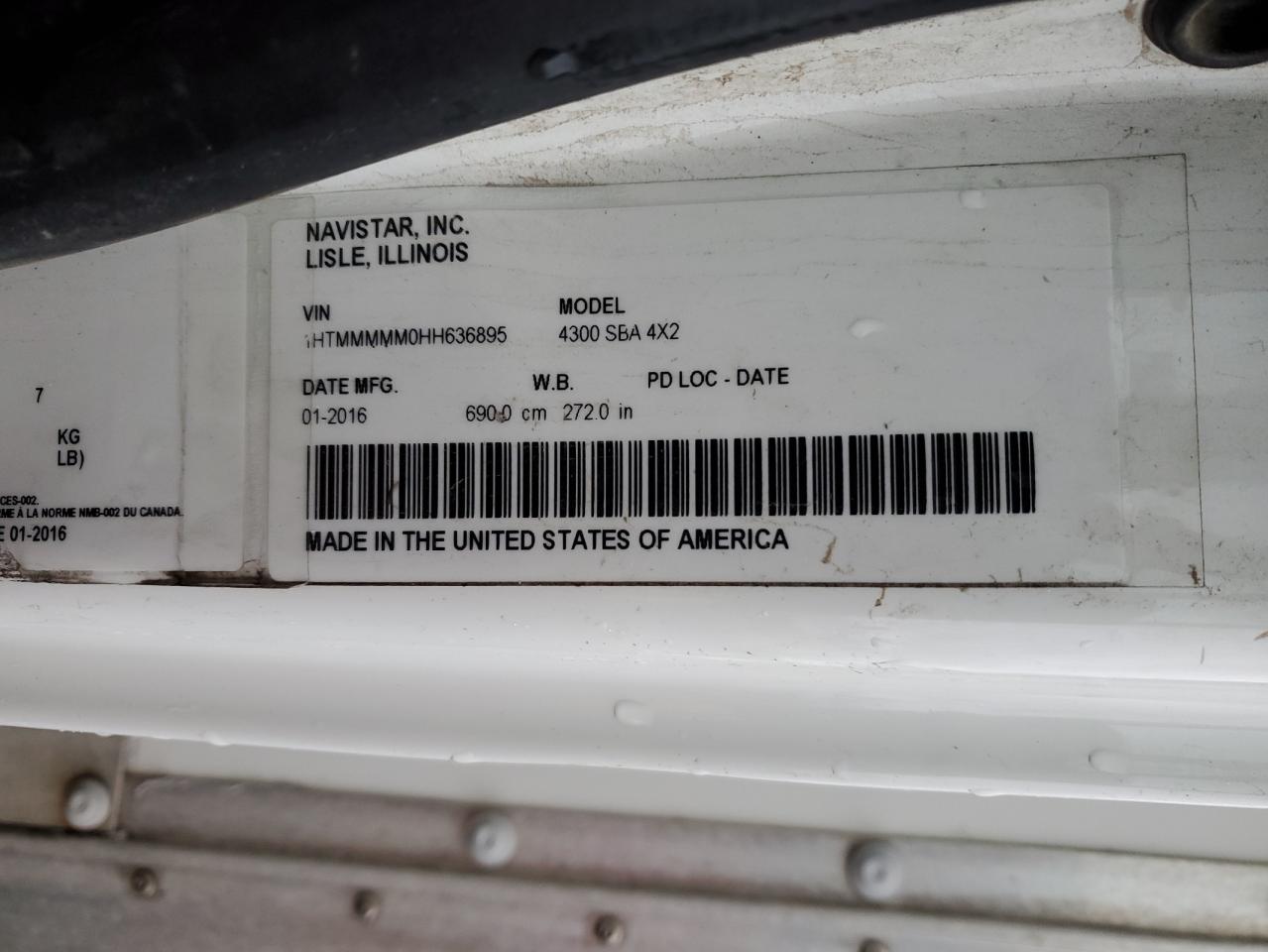 2017 International 4300 Box Truck VIN: 1HTMMMMM0HH636895 Lot: 93009155