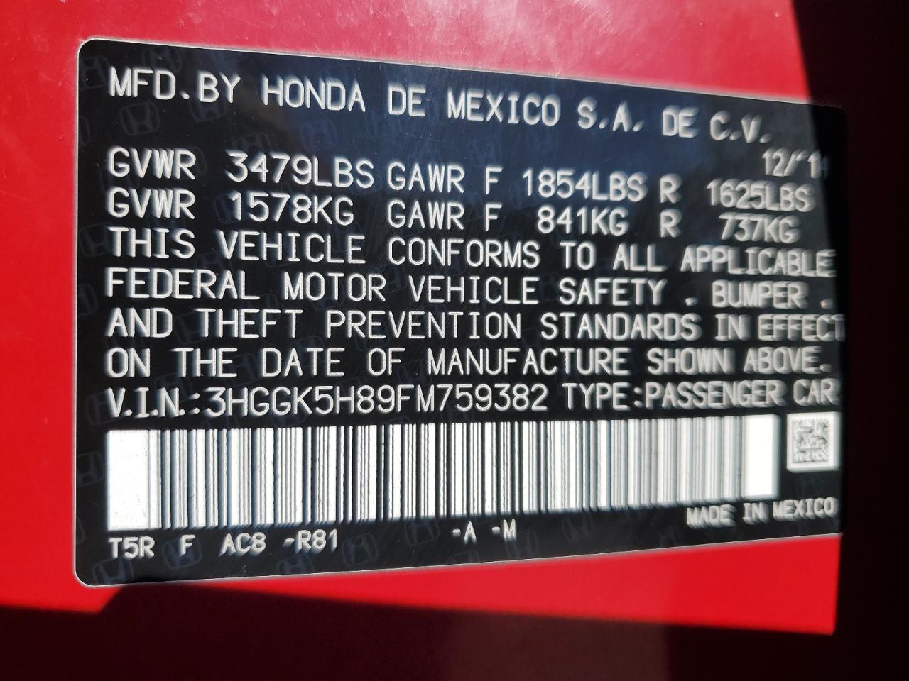 2015 Honda Fit Ex VIN: 3HGGK5H89FM759382 Lot: 93889305