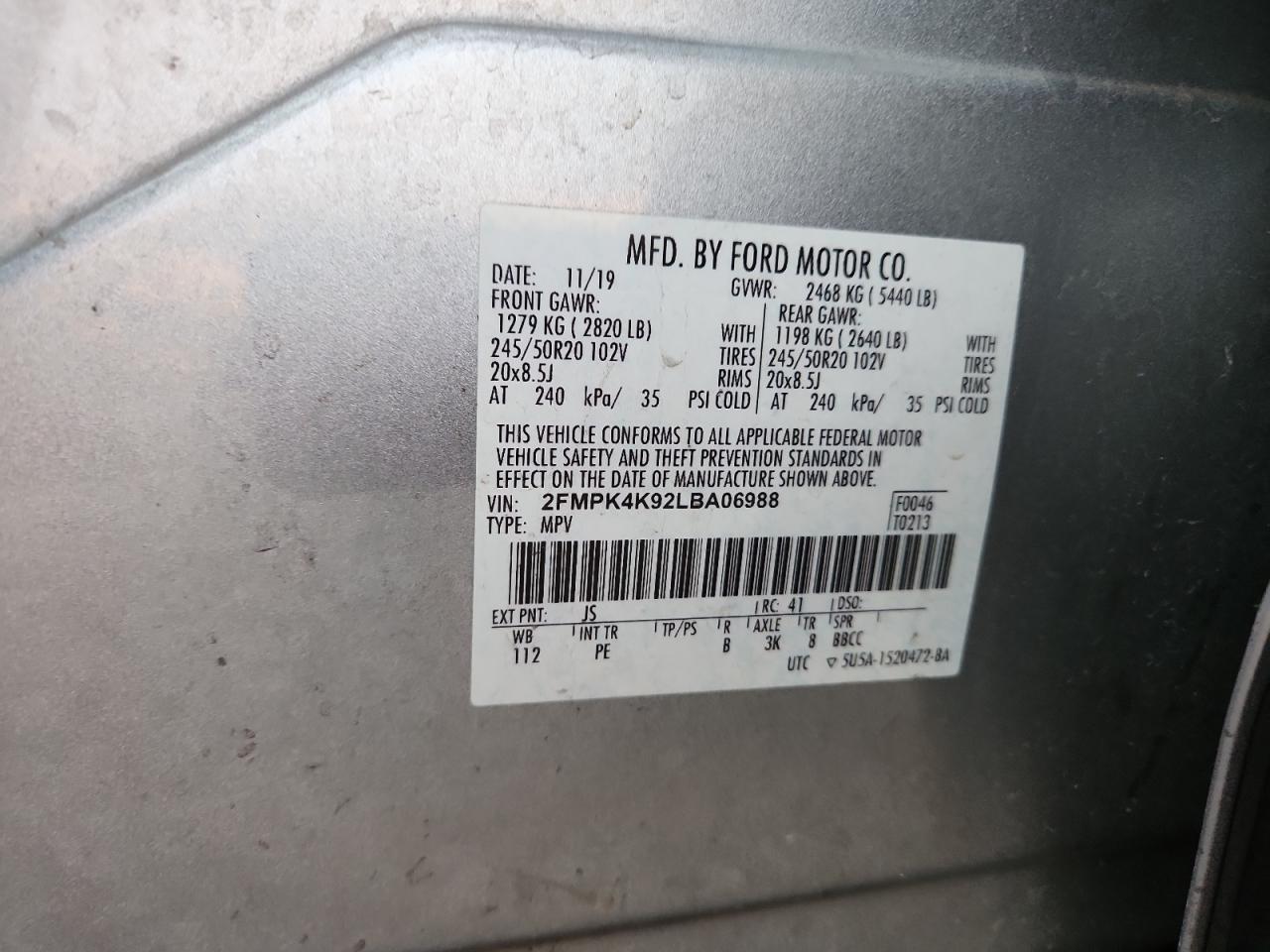 2020 Ford Edge Titanium VIN: 2FMPK4K92LBA06988 Lot: 91329545