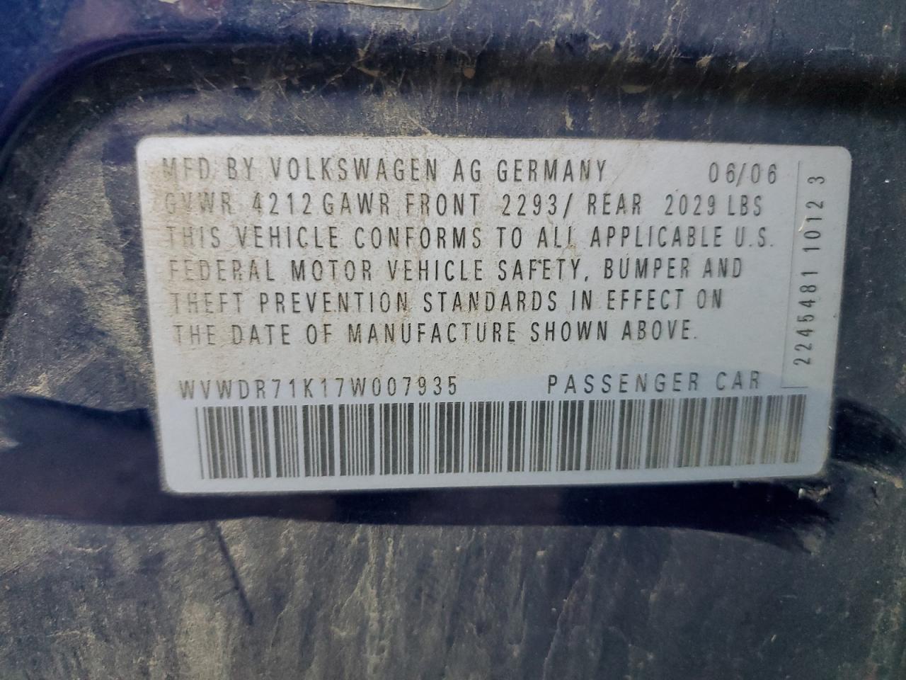 2007 Volkswagen Rabbit VIN: WVWDR71K17W007935 Lot: 93328355