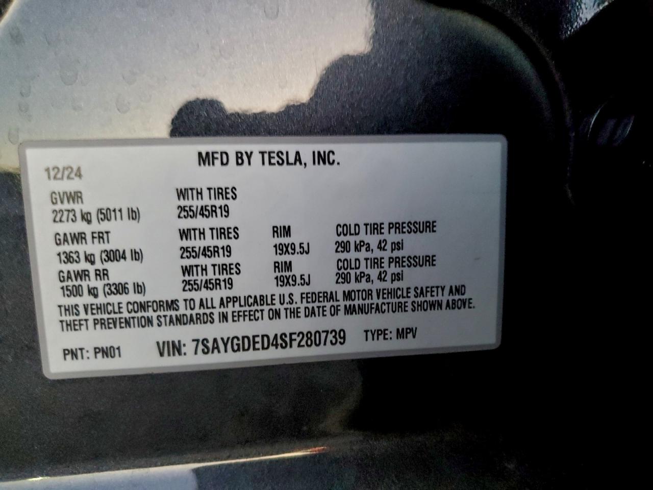 2025 Tesla Model Y VIN: 7SAYGDED4SF280739 Lot: 94545395