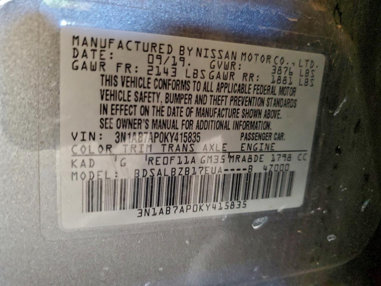 2019 Nissan Sentra S VIN: 3N1AB7AP0KY415835 Lot: 94375165