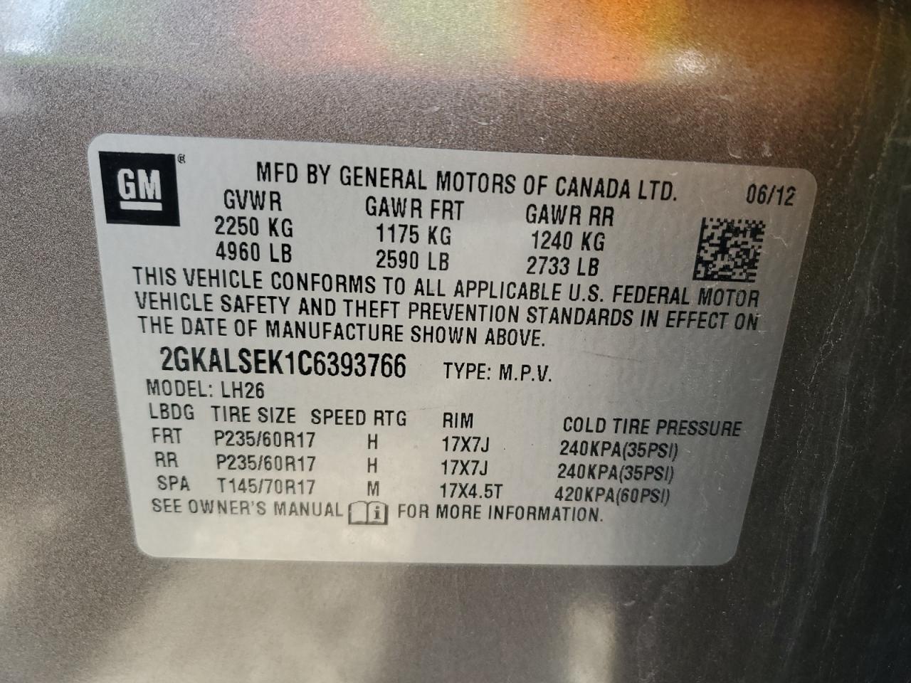 2012 GMC Terrain Sle VIN: 2GKALSEK1C6393766 Lot: 92272755