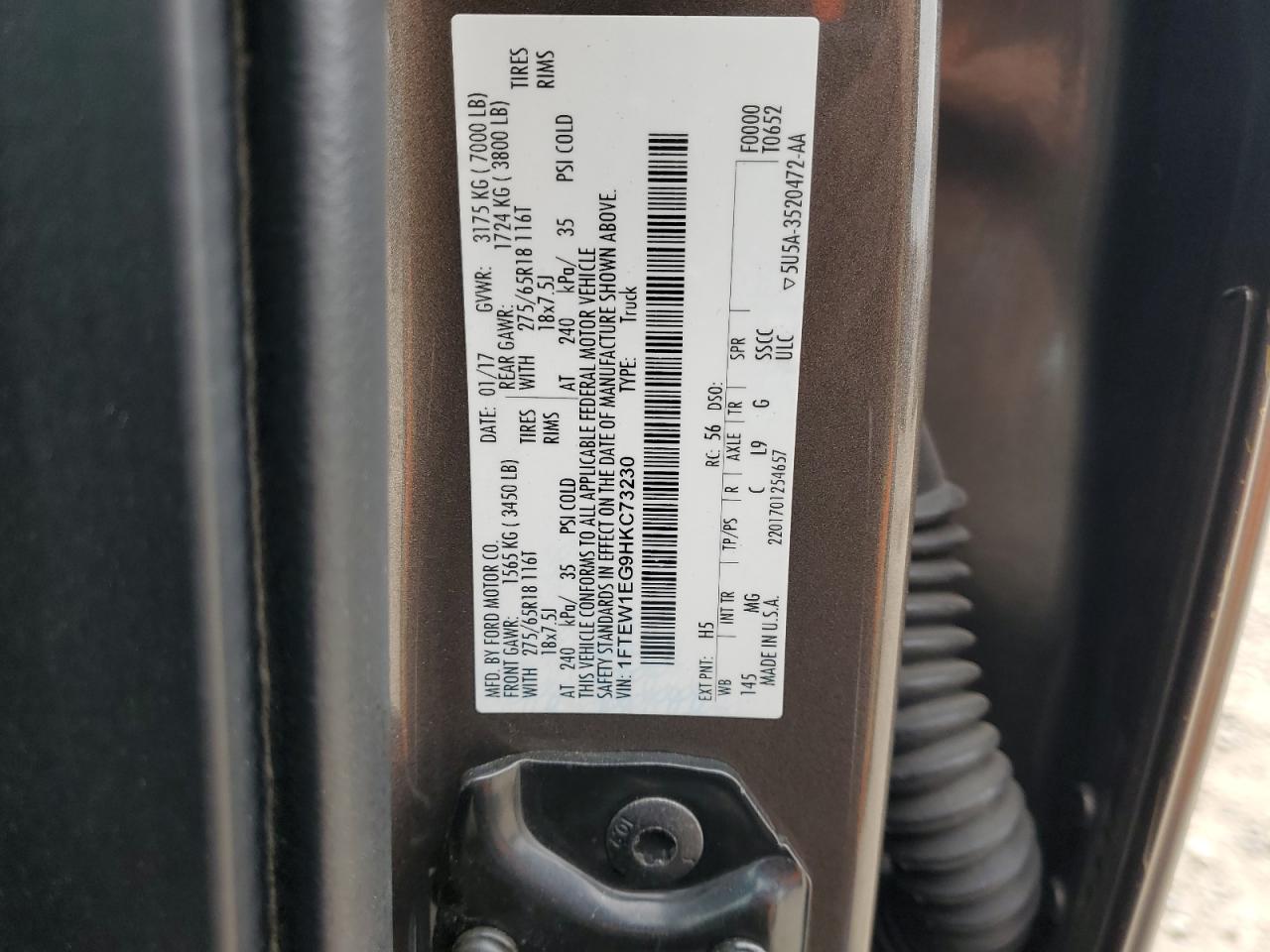 2017 Ford F150 Supercrew VIN: 1FTEW1EG9HKC73230 Lot: 91926945