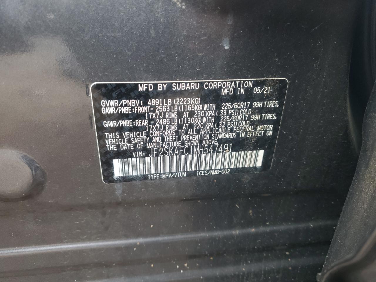 2021 Subaru Forester Premium VIN: JF2SKAFC1MH547491 Lot: 92449225