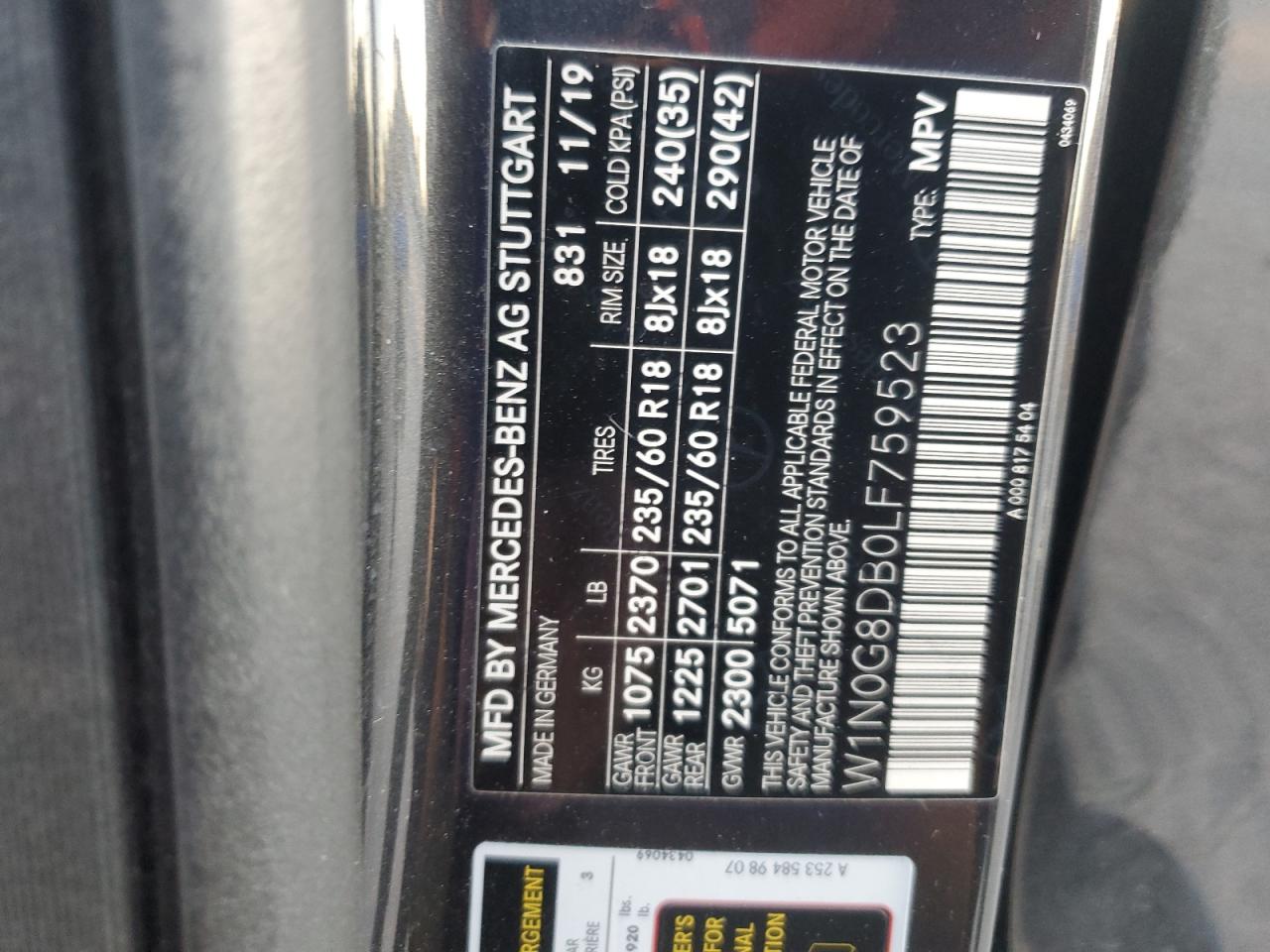 2020 Mercedes-Benz Glc 300 VIN: W1N0G8DB0LF759523 Lot: 91070645