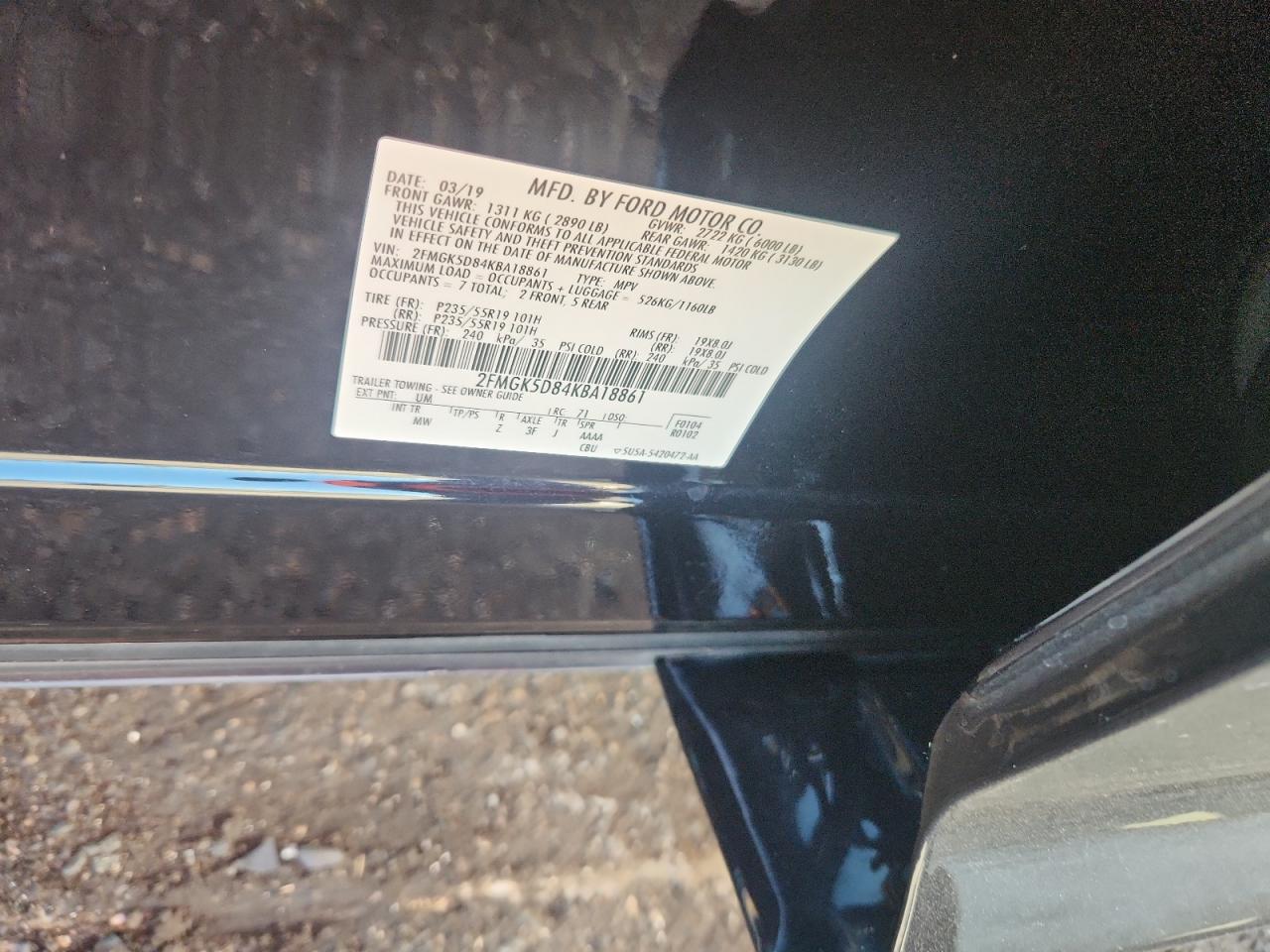 2019 Ford Flex Limited VIN: 2FMGK5D84KBA18861 Lot: 92857095