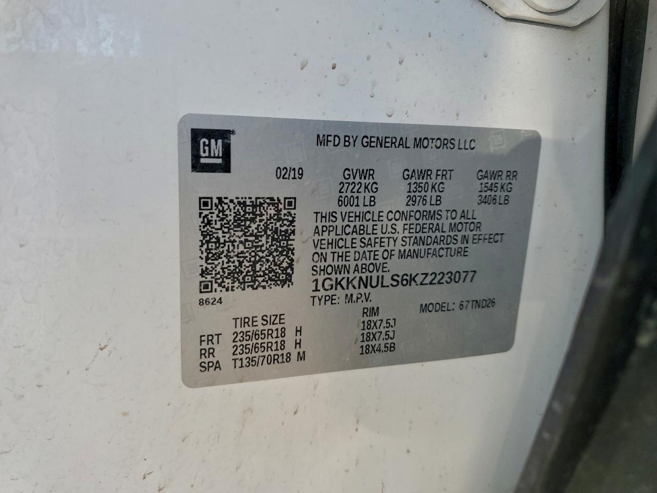 2019 GMC Acadia Slt-1 VIN: 1GKKNULS6KZ223077 Lot: 94235215