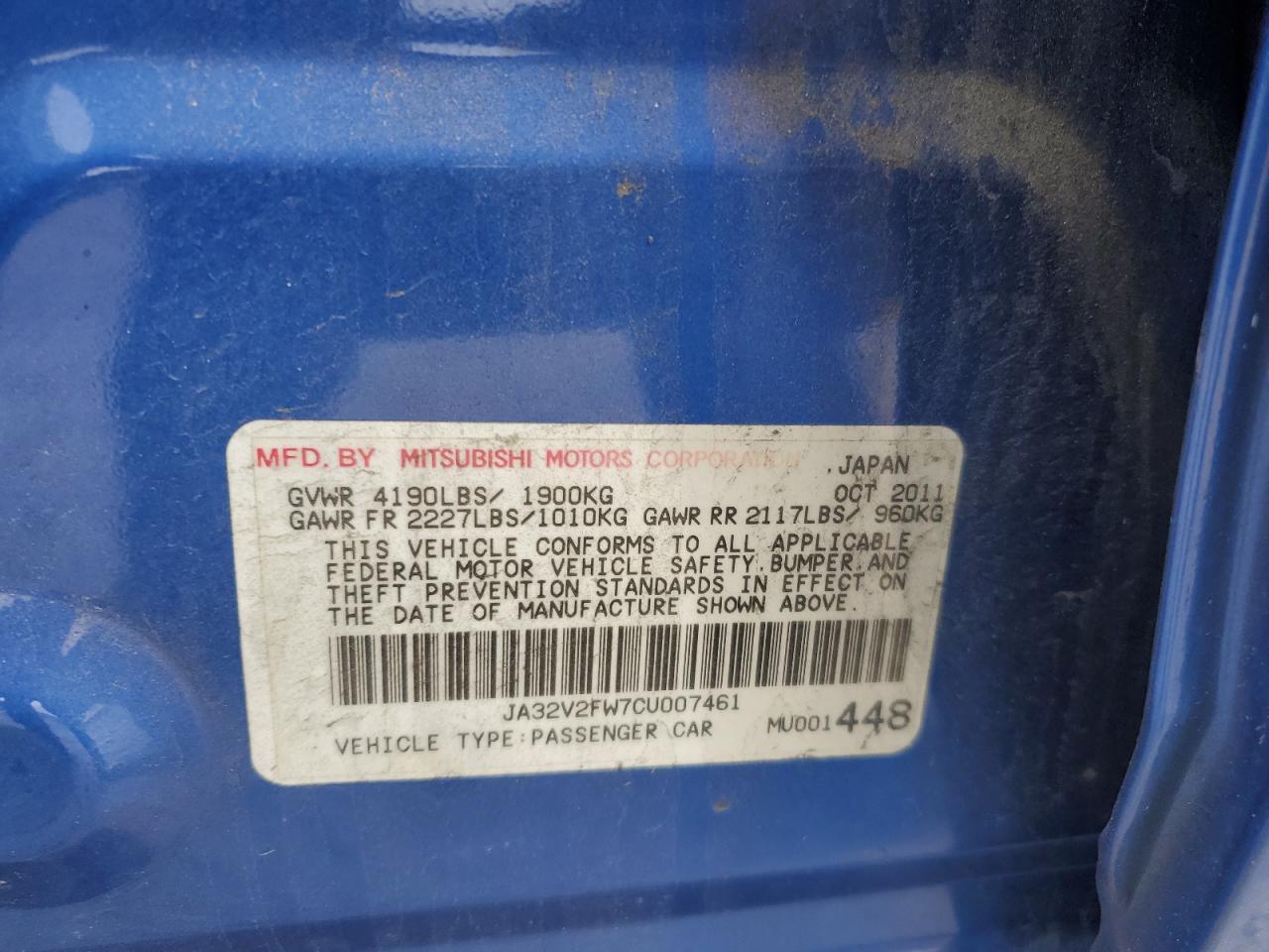 2012 Mitsubishi Lancer Se VIN: JA32V2FW7CU007461 Lot: 91795845