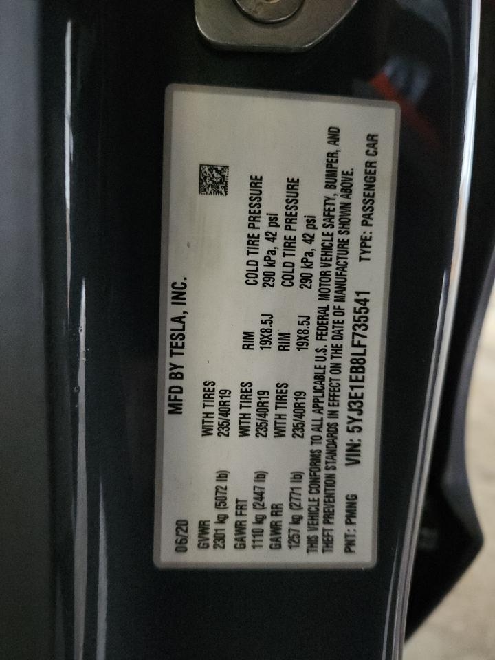 2020 Tesla Model 3 VIN: 5YJ3E1EB8LF735541 Lot: 91187225