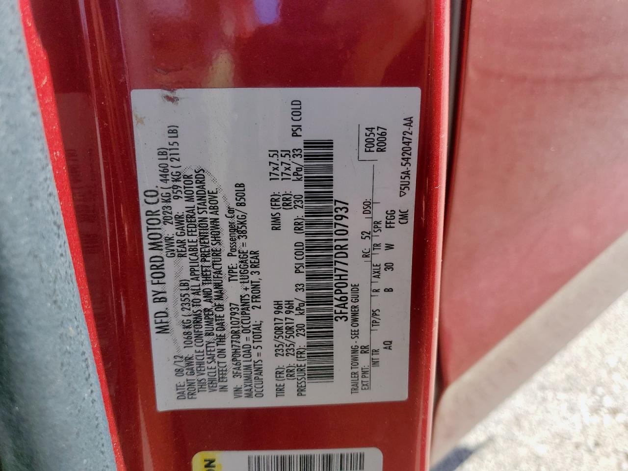 2013 Ford Fusion Se VIN: 3FA6P0H77DR107937 Lot: 92057525