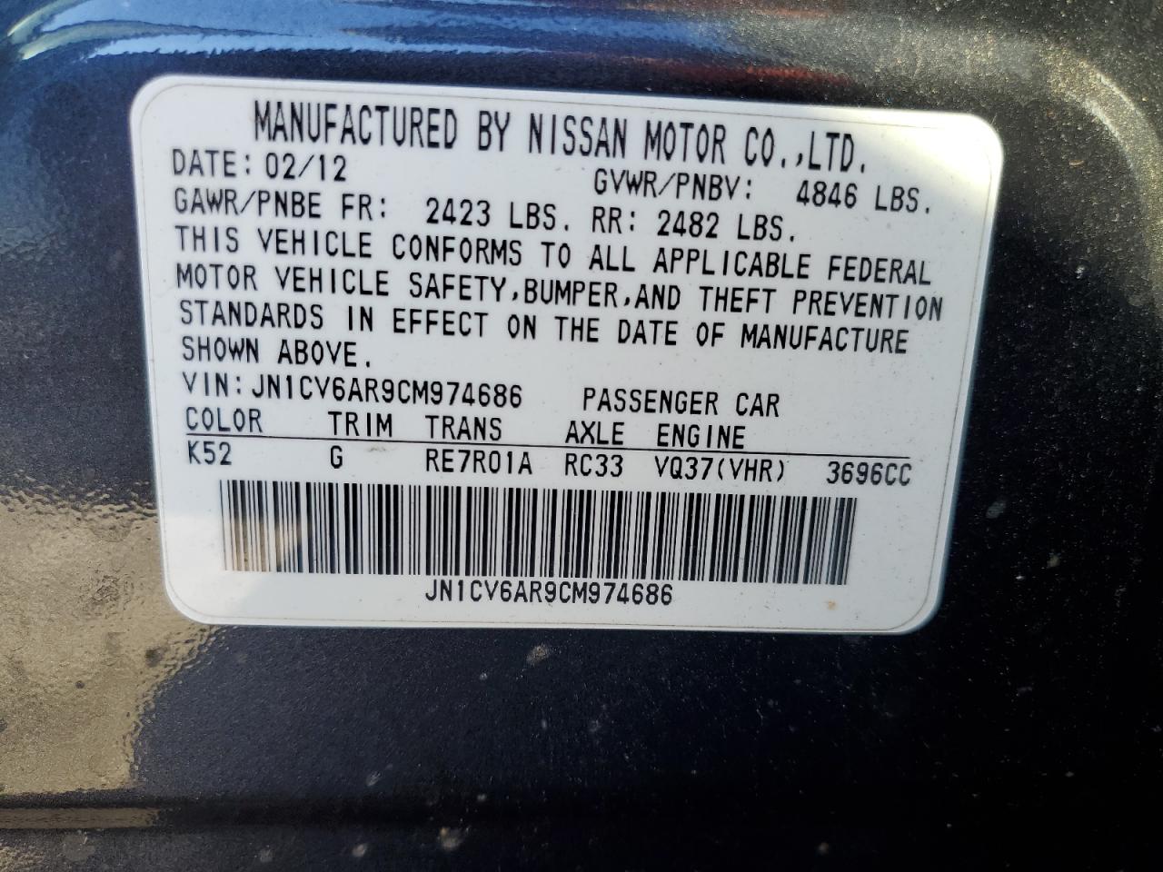 2012 Infiniti G37 VIN: JN1CV6AR9CM974686 Lot: 91167875