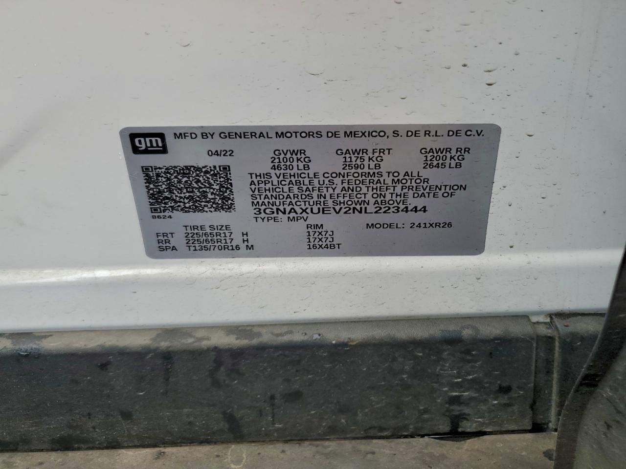 2022 Chevrolet Equinox Lt VIN: 3GNAXUEV2NL223444 Lot: 94367155