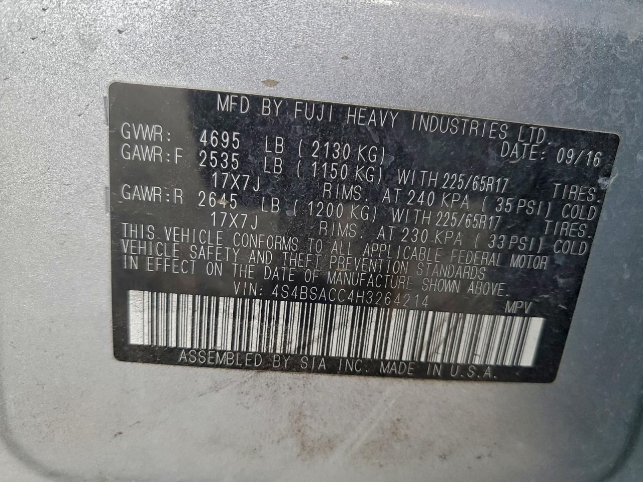 2017 Subaru Outback 2.5I Premium VIN: 4S4BSACC4H3264214 Lot: 94761055