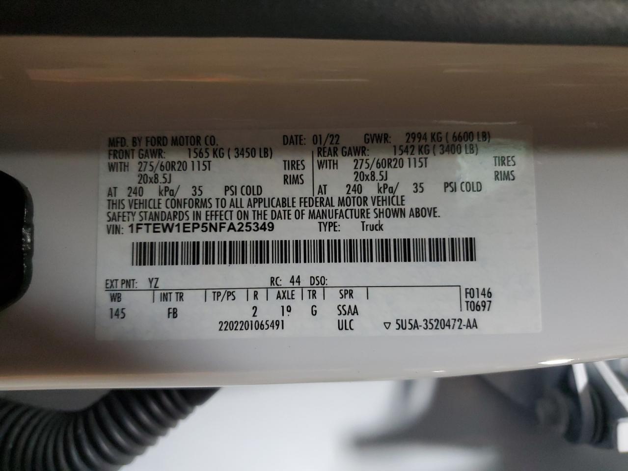 2022 Ford F150 Supercrew VIN: 1FTEW1EP5NFA25349 Lot: 82692935