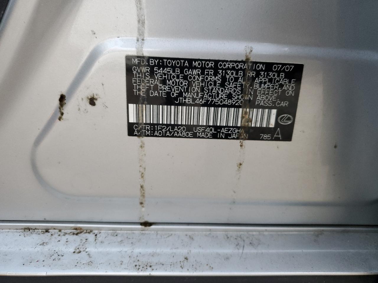 2007 Lexus Ls 460 VIN: JTHBL46F775048920 Lot: 91773245