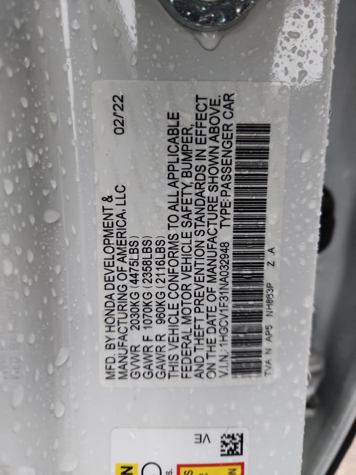 2022 Honda Accord Sport VIN: 1HGCV1F31NA032948 Lot: 93917905